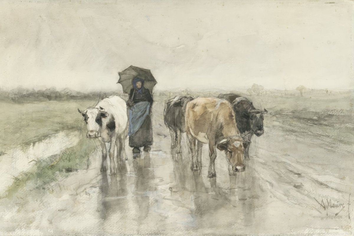 A Herdess with Cows on a Country Road in the Rain | Anton Mauve | Ave Legato Art Prints