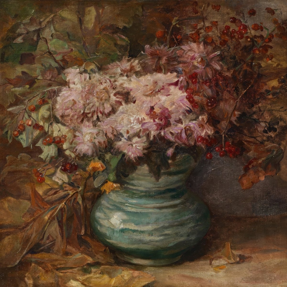 Chrysanthemums and Marigolds, Turquoise Vase | Olga Wisinger - Florian | Ave Legato Art Prints