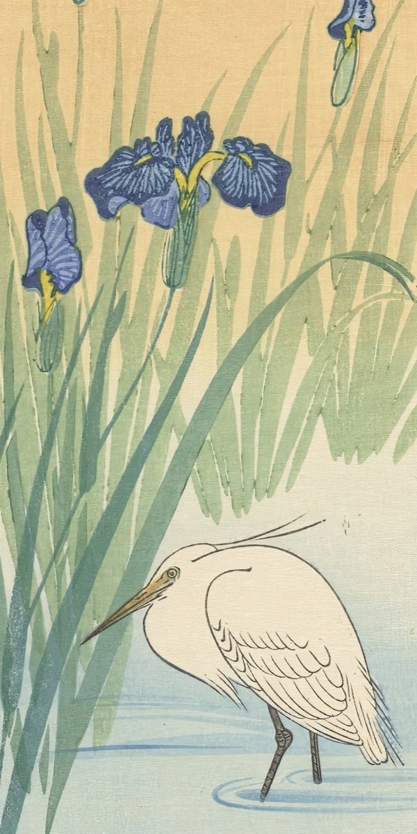 Egret and Blue Swamp Flowers | Ohara Koson | Ave Legato Art Prints