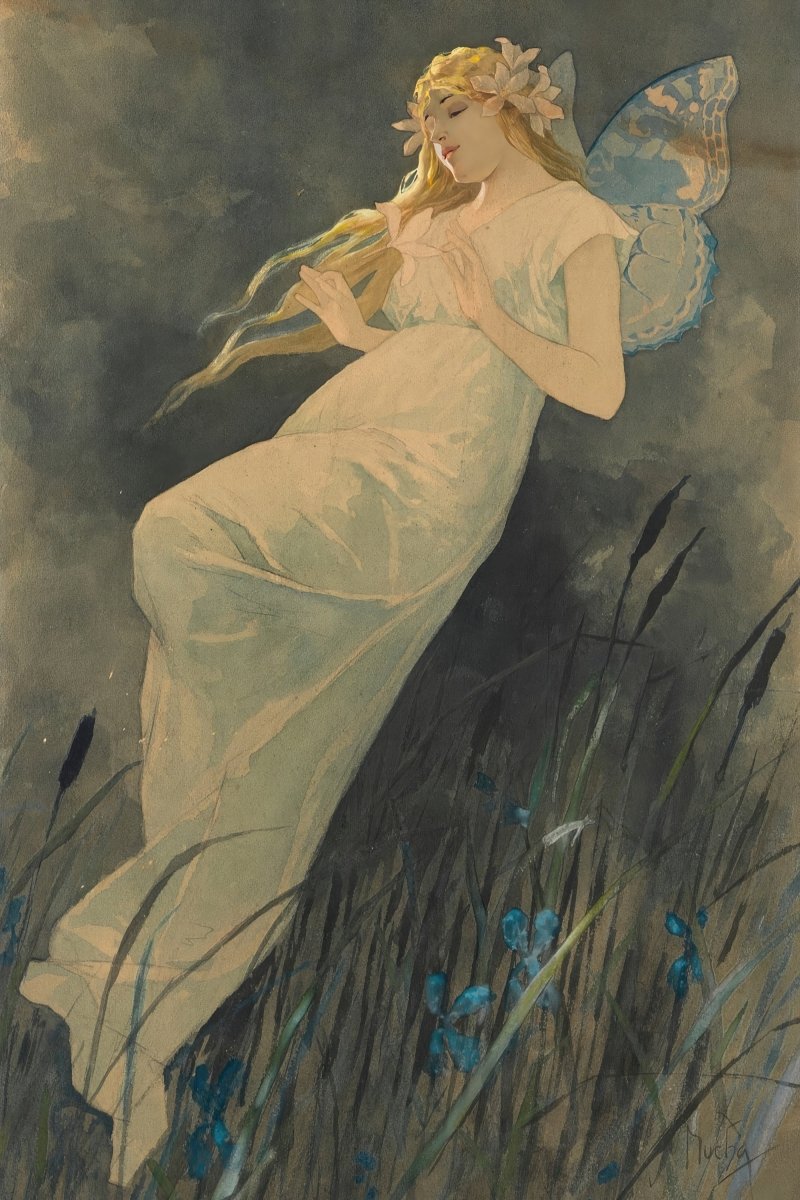 Elf with Iris Flowers | Alphonse Mucha | Ave Legato Art Prints