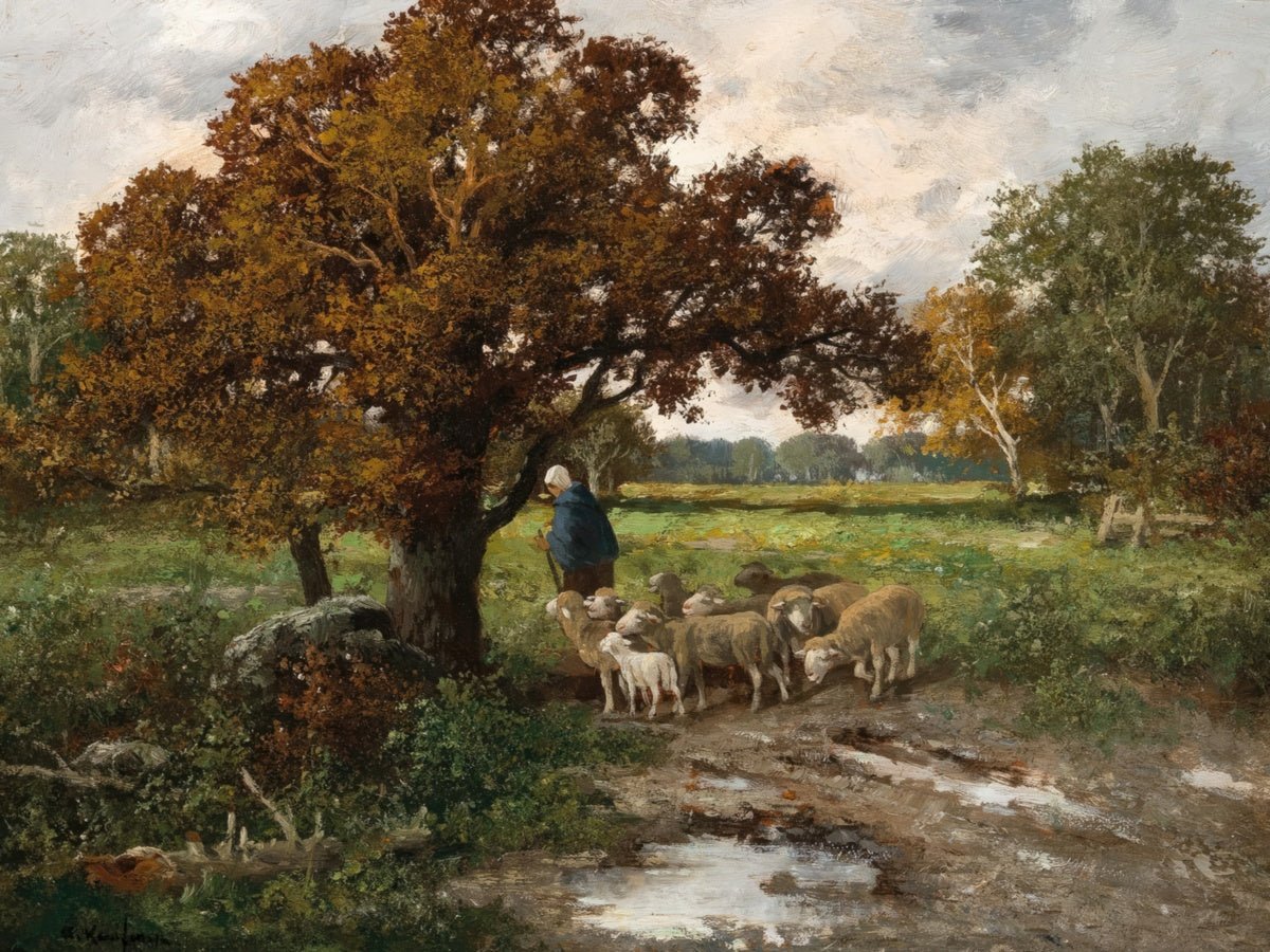 Shepherdess with a Flock of Sheep | Adolf Kaufmann | Ave Legato Art Prints