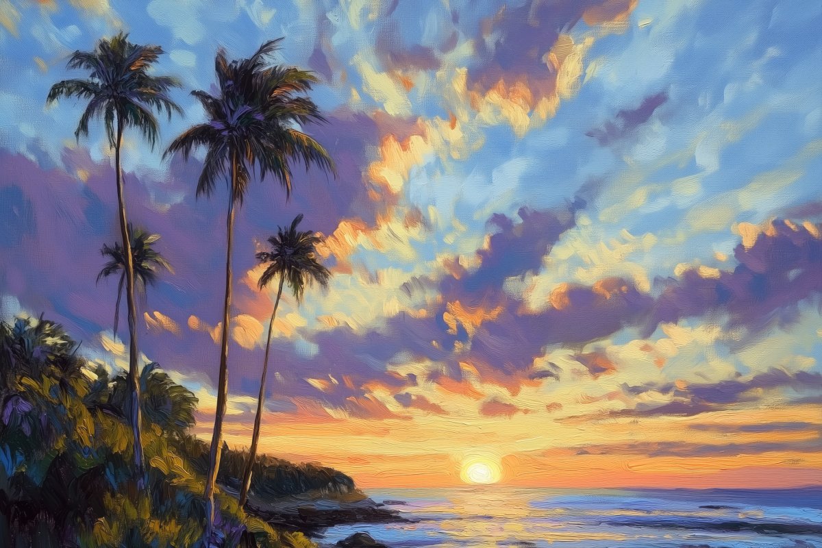 Tropical Coastal Sunset with Palm Trees | Ave Legato | Ave Legato Art Prints