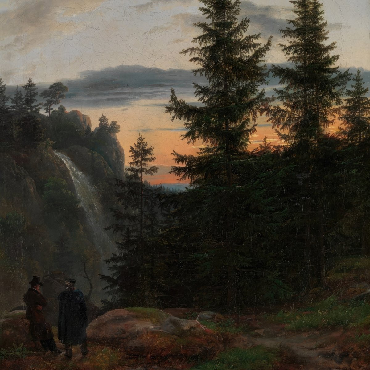 Two Men, Waterfall at Sunset | Johan Dahl | Ave Legato Art Prints